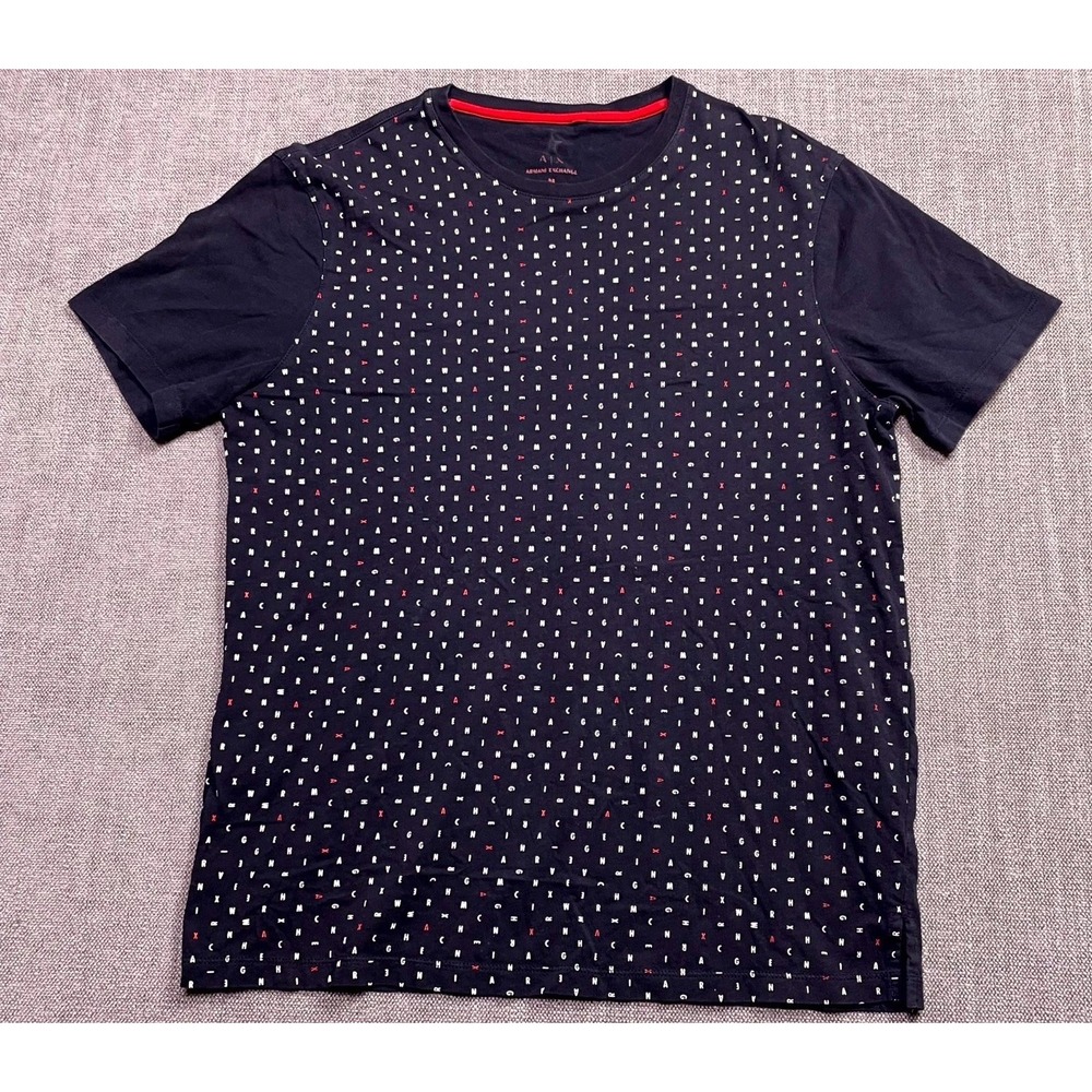 AX Armani Exchange T Shirt Men Medium Navy Blue Allover Alphabet Print Crew Neck